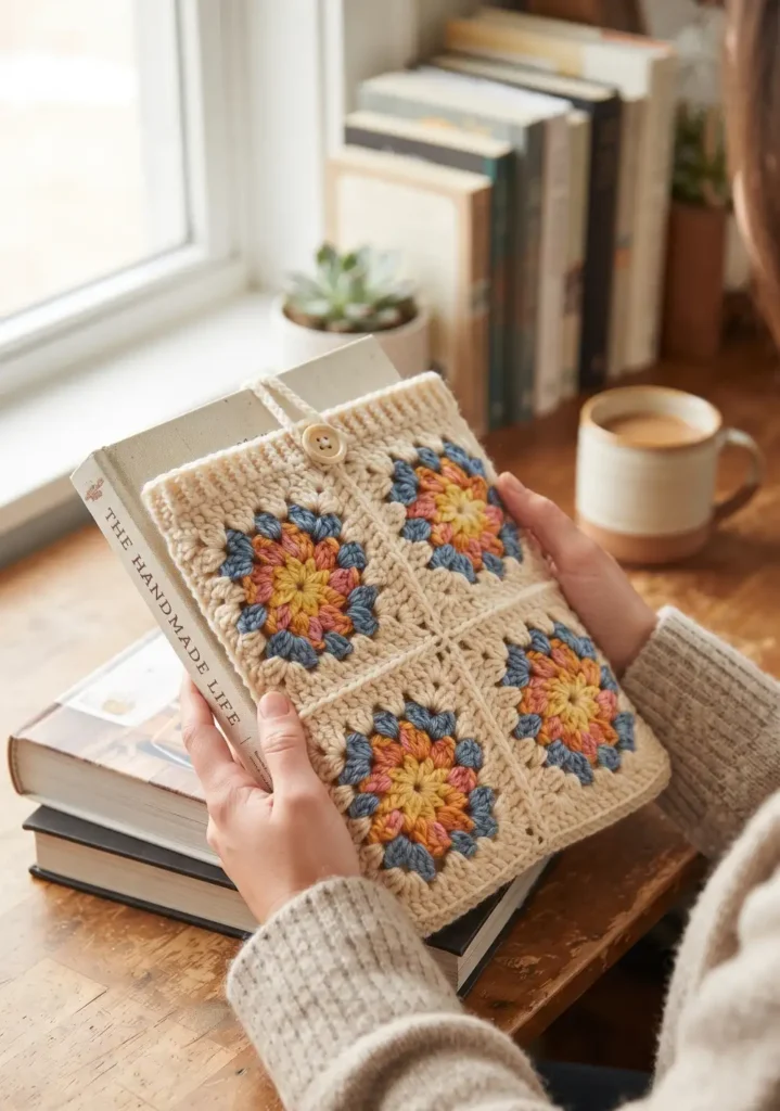 20. Personalized Granny Square Book Sleeve with Initial Embroidery