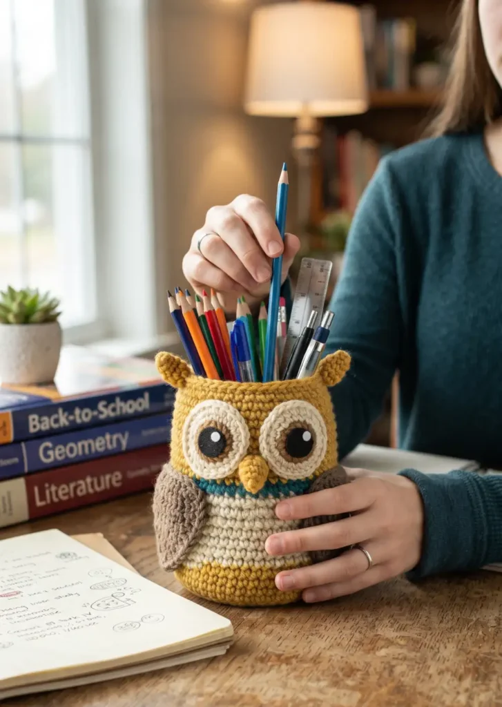 21. Crochet Owl Pencil Holder