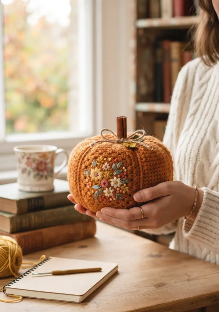 Floral Embroidered Crochet Pumpkin