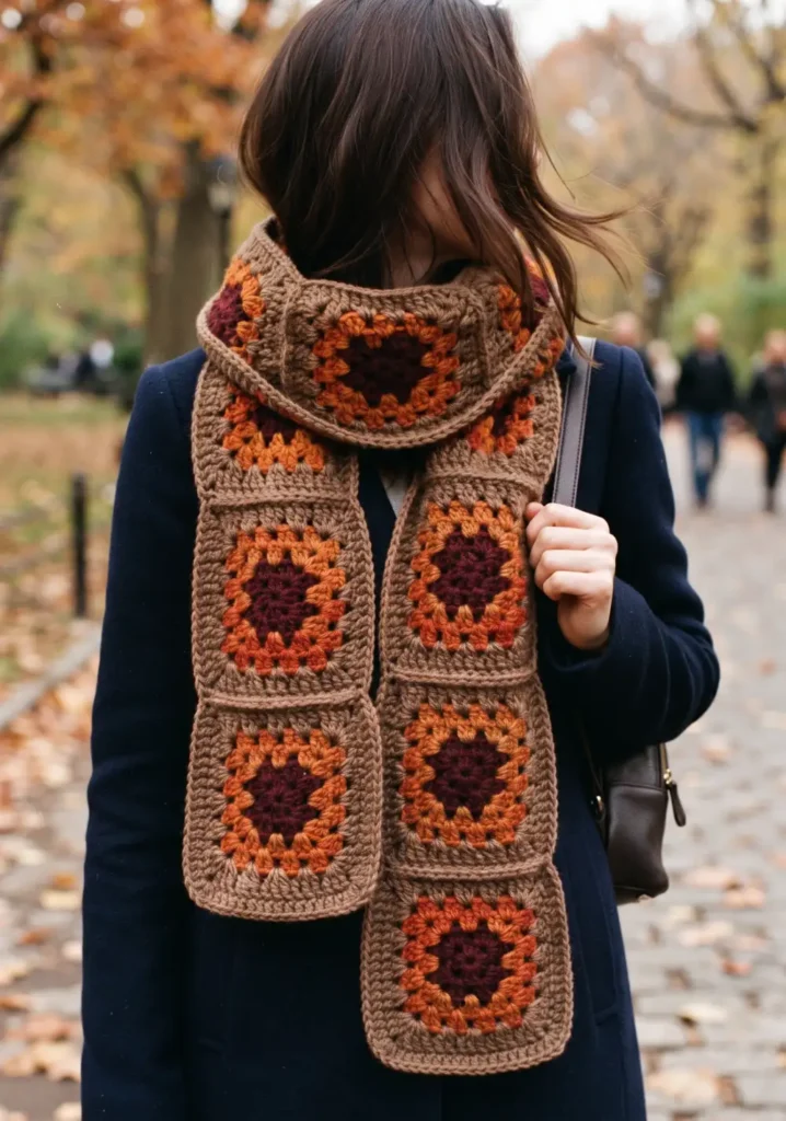 22. Rustic Autumn Granny Square Scarf Pattern