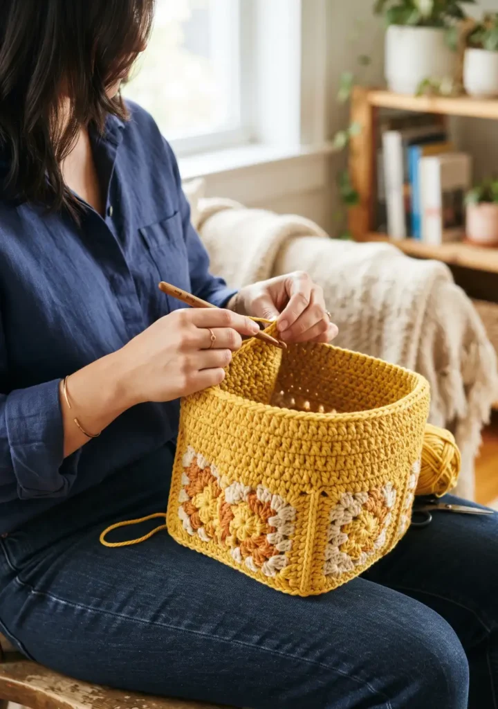 Crochet Granny Square Storage Basket