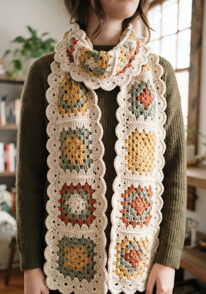 29. Elegant Border-Finished Granny Square Scarf Pattern