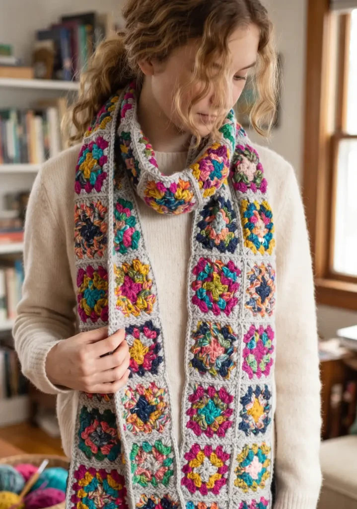 3. Colorful Scrap Yarn Granny Square Scarf Pattern