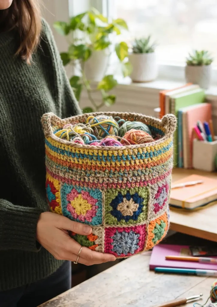 Granny Square Scrap Yarn Basket