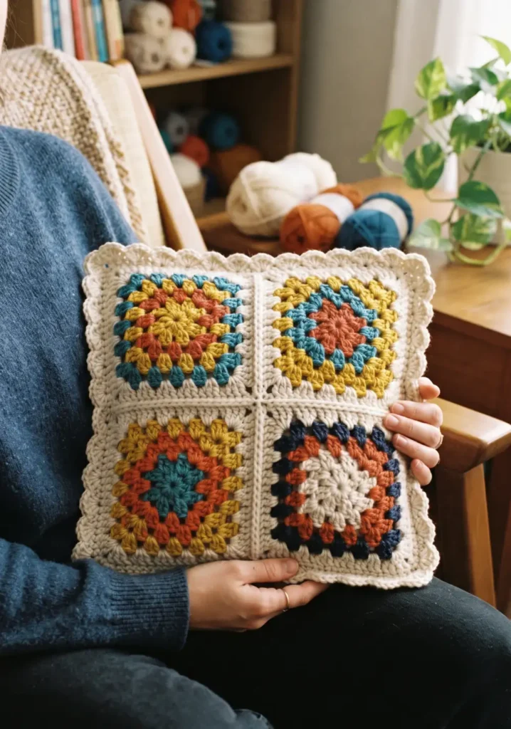 Colorful Granny Square Cushion Cover