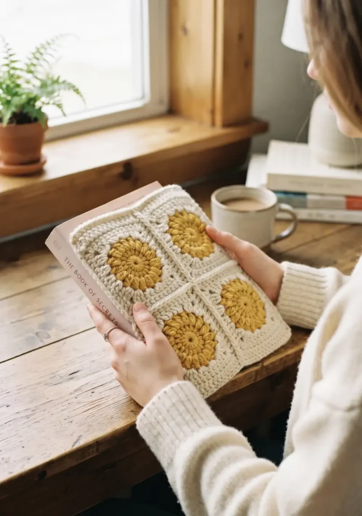 4. Solid Granny Square Book Sleeve for Beginners