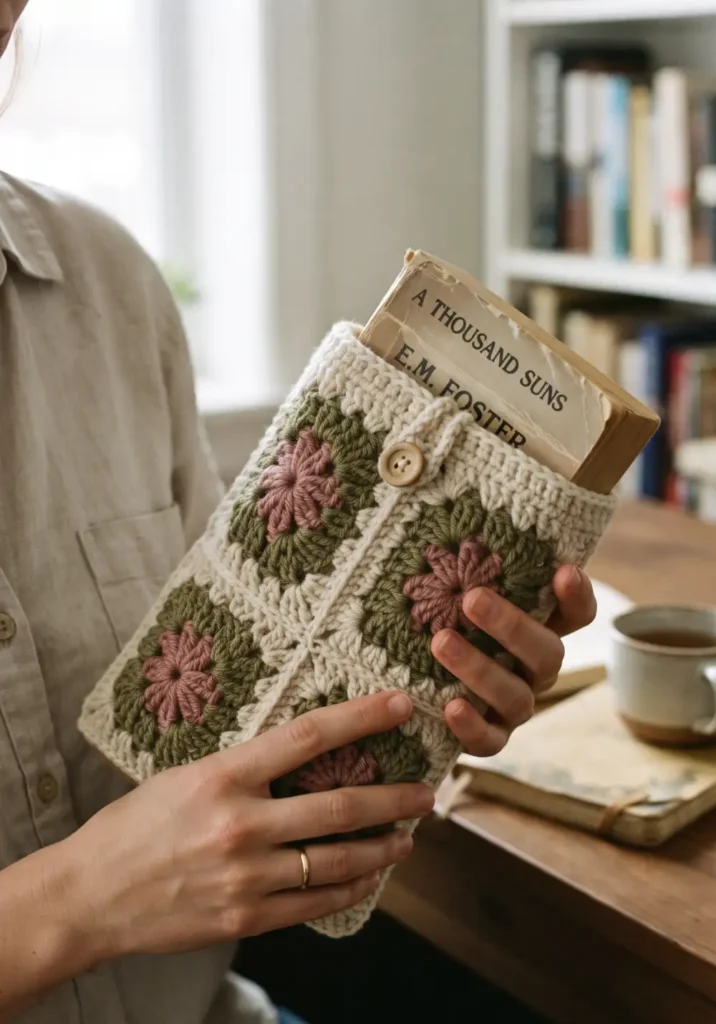 6. Vintage-Inspired Granny Square Book Sleeve