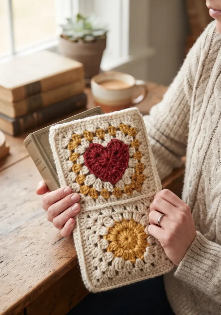 7. Heart Granny Square Book Sleeve Pattern
