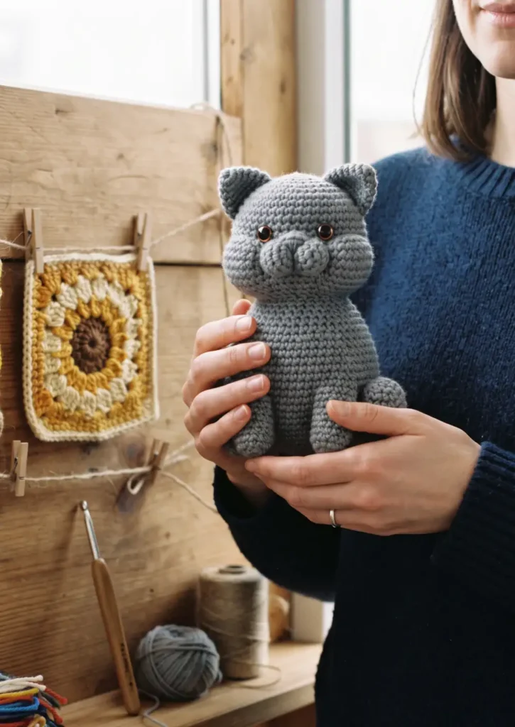 8. Gray British Shorthair Crochet Cat