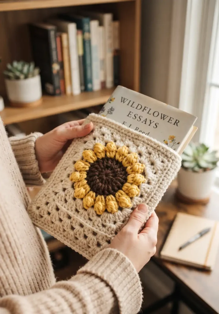 8. Sunflower Granny Square Book Sleeve Design