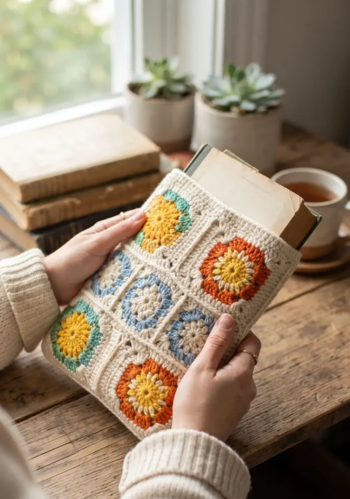 9. Hexagon Granny and Square Combo Book Sleeve