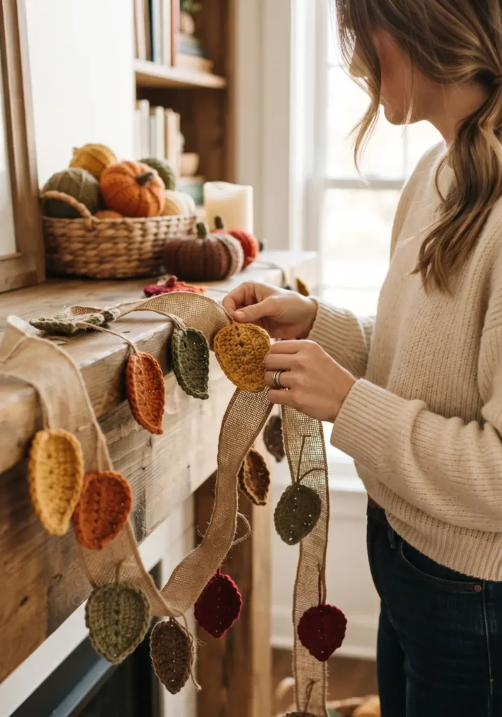 5. Rustic Burlap and Crochet Leaf Garland